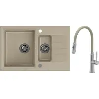VBChome Spülbecken Granit Beige 78 x 50 cm Beige flexible Armatur Granitspülbecken 1,5 Becken Einbauspüle Gesprenkelt Siphon