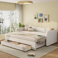 MODFU Schlafsofa 90x200 Kinderbett mit USB-Anschluss Polsterbett mit Ausziehbett Doppelbett mit 2 Schubladen mit einer Matratze Beige