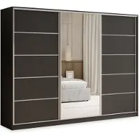 Masseno Schiebetürenschrank PINA 250/205/58 cm Kleiderschrank mit 4 Schubladen Schlafzimmer Schrank 3-türig mit Spiegel Schwarz