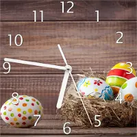 Wallario Design Wanduhr Bunte bemalte Eier an Ostern im Vorgelnest vor hölzerner Wand aus Echtglas, Größe 20 x 20 cm