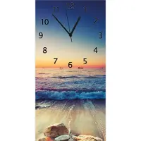Wallario Design Wanduhr Sonnenuntergang am Meer mit Wellen am Strand aus Echtglas, Größe 30 x 60 cm