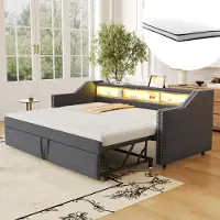 ALFORIGO Schlafsofa 90/180 x 190 cm ausziehbar, mit 2 H3-Federkernmatratzen, LED, USB, 3 Ablagefächern und Lattenrost, Dunkelgrau
