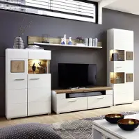 Lomadox Wohnwand weiß Eiche Absetzungen FARO-36 modern mit Glasdetails und LED Beleuchtung, B/H/T: ca. 315/205/47 cm