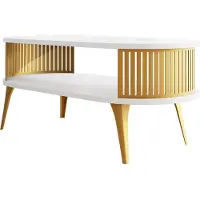 Mirjan 24 Couchtisch Roenni Oval Gold, Wohnzimmer Kaffeetisch, Beine und Seiten aus Stahl (Farbe: Gold / Arktisches Weiß)