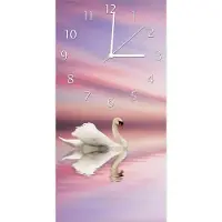 Wallario Design Wanduhr bedruckt, Größe 30 x 60 cm, Motiv: Weißer Schwan im rosafarbenen See