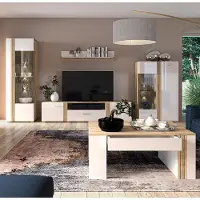 Lomadox Moderne Wohnwand in Eiche Nb. AKRON-131 mit Fronten in weiß Hochglanz 5-teilig inkl. Couchtisch