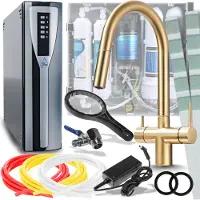 ARI Slender 3-Wege Küchenarmatur Gebürstetes Gold Flexibel Ausziehbar 360° mit RO Pad Umkehrosmose Wasserfilter