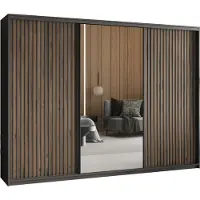 Masseno Schiebetürenschrank ORRA 250/205/60 cm Kleiderschrank mit Spiegel und Lamellen, 4 Schubladen Schlafzimmer Schrank 3-türig Schwarz + Eiche Wotan