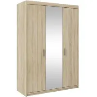Beautysofa Drehtürenschrank ELENA 3D Eiche Sonoma mit mattsilber Griffe - Kleiderschrank 130 cm mit Spiegel und glatten 3 Türen