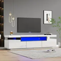 MODFU TV-Schrank Hochglanz Lowboard mit LED-Beleuchtung für 70-Zoll-TV, Fernsehtisch Wohnzimmerschränke mit 3 Schubladen für Wohnzimmer, Esszimmer,weiß