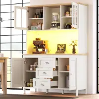 OKWISH LED-Hochschrank Buffetschrank mit vier Schranktüren,Seitenschrank mit drei Schubladen,Küchenschrank Aufbewahrungsschrank mit offenen Regalbereich,weiß