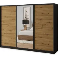 Masseno Schiebetürenschrank SORE 250/205/58 cm Kleiderschrank mit 4 Schubladen Schlafzimmer Schrank 3-türig mit Spiegel Schwarz / Eiche Artisan