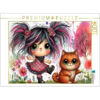 CALVENDO Puzzle Ein freches Mädchen mit roten Haarsträhnen und eine rote Katze tanzen zusammen | 1000 Teile Lege-Größe 64 × 48 cm Foto-Puzzle für glückliche Stunden
