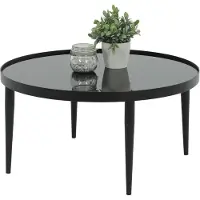 Hela Tische, Glascouchtisch Ron, Metallgestell Schwarz, konische Beine, ESH Glas-Platte schwarz gefärbt, Ø 80x40cm
