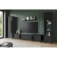 MINIO go for it , HURON II Wohnwand – Wandregal mit 2 Schränken, TV-Lowboard, 1 Hängeregal, Kunststoffbeine, mit LED-Beleuchtun, Schwarz Farbe