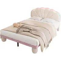 OKWISH Kinderbett 140×200 mehrfarbigen LED-Licht,Polsterbett mift Lattenrost,Doppelbett,Samt,Ohne Matratze