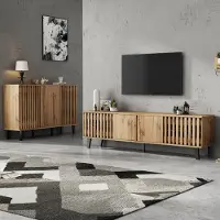 MODFU Möbelkombinatio,TV-Schrank +Sideboard Moderner Möbelgarnitur,Beistellschrank mit 8 Fächer und 6 Ablagefächer,Fünf Beinen aus Spanplatten,Holzfarbe