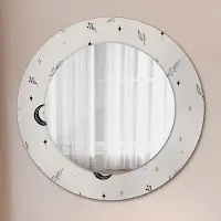 Wallfluent Runder Spiegel mit Modernem Aufdruck - Dekospiegel Wandmontage -Doodle Blumen Pflanzen- Ø60cm