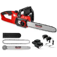 Walter Li-Ion Akku-Kettensäge 40 V brushless, Kettengeschwindigkeit 13 m/s, Schnittlänge 350 mm, kraftvolle Leistung, leichte Handhabung, ca. 30 min Laufzeit, inkl. Schwert, Sägekette und 2 Akkus