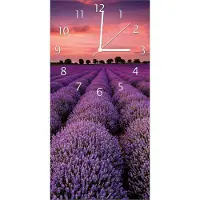 Wallario Design Wanduhr Lavendelfeld unter rotem Himmel aus Echtglas, Größe 30 x 60 cm