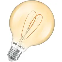 Osram Vintage 1906 Globe ist eine warmweiße, dimmbare LED-Lampe in klassischer Ballform mit Filament. Sie bietet 8 W für 806 lm, E27 Fassung, goldfarbenes Glas, 95 mm Durchmesser, 2200 K, EEK F.