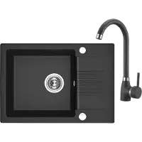 Laveo BADLAND SET Spültischarmatur und Granitspüle Einzelbecken CELIA 44x65 Schwarz mit kurzer Abtropffläche | Siphon im SET!