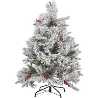 Beliani Weihnachtsbaum 120 cm Weiß Schneebedeckt mit Kunstschnee Zapfen roten Beeren und Ständer Weihnachtszeit Weihnachten Wohnzimmer Modern