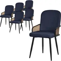 ML-Design Esszimmerstühle 6er Set Dunkelblau Stoffbezug Küchenstuhl mit Rattan Optik-Armlehnen Gepolsterte Stühle mit Metallbeinen Sessel ergonomisch