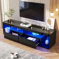 MODFU TV-Schrank ,TV-Board mit 2 Schubladen und LED,Fernsehschrank mit Hochglanz,schwarz
