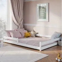 KIDS Collection Bodenbett Holzbett mit Rausfallschutz & Lattenrost, Kinderbett Spielbett Einzelbett für Kinder Kiefer, weiß, 140x200 cm