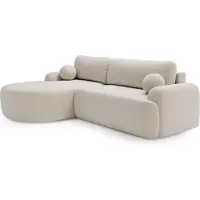 Bettso Elegante cremefarbene CLOUDY-Ecke links aus Lammfellstoff mit abgerundeten Seiten und dekorativen kugelförmigen Kissen