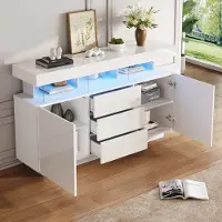 MODFU Hochglanz-Sideboard,Kommode mit 16-farbigem LED-Lichtstreifen,Küchenschrank mit Schubladen und Türen,weiß