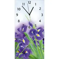 Wallario Design Wanduhr bedruckt, Größe 30 x 60 cm, Motiv: Abstrakte blaue Schwertlilien in Nahaufnahme