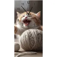 Wallario Design Wanduhr Katze mit Wollknäuel aus Echtglas, Größe 30 x 60 cm