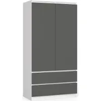 Akord Kleiderschrank S90 Weiß 90 cm 2 Türen 2 Schubladen 4 Ebenen Front Graphitgrau B90 x H180 x T51 cm