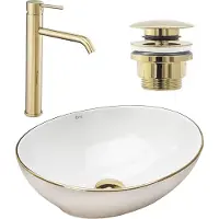 REA Set von Aufsatzwaschbecken Sofia Gold Edge + Waschbeckenarmatur Lungo Gold + Stöpsel Gold