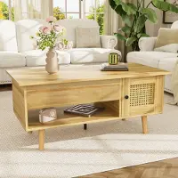 OKWISH Couchtisch Sideboard Beistelltisch，Vitrine，Tischplatte ，Aufbewahrungsschrank，vielseitiger Aufbewahrung,mit Hebefunktion&Rattan-Türen, mit Schubladen，Holzfarbe
