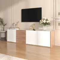 MODFU TV-Schrank TV-Lowboard mit 3 Türen und 3 Schubladen, TV-Möbel Fernsehschrank Fernsehtisch 171,5 x 35 x 47cm mit großem Stauraum, Weiß und Holzfarbe