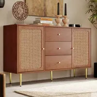 OKWISH Kommode mit 2 Türen und 3 Schubladen, Rattan Türkommoden mit Schubkasten, Verstellbare Ablage, für Wohnzimmer Schlafzimmer, H90/B150/T40 cm