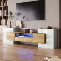 MODFU TV-Schrank Weiß hochglanz,200 cm, TV-Lowboard mit LED und Glasoberfläche,TV-Regal Fernsehbank mit sechs Türen, zwei Schubladen und drei Fächern