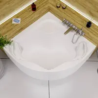 ECOLAM Badewanne Eckbadewanne SELMA 150 x 150 cm + Acrylschürze + 2 Kopfkissen Mare Eckwanne Acrylwanne symmetrisch Acryl weiß Ablaufgarnitur Viega