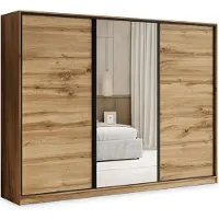 Masseno Schiebetürenschrank TARI 235/205/58 cm Kleiderschrank mit 4 Schubladen Schlafzimmer Schrank 3-türig mit Spiegel Eiche Wotan