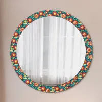Wallfluent Runder Spiegel mit Modernem Aufdruck - Dekospiegel Wandmontage -geometrisch Früchte und Blätter- Ø90cm