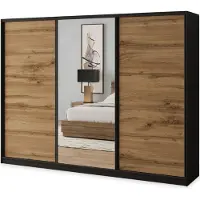 Masseno Schiebetürenschrank SORE 270/205/58 cm Kleiderschrank mit 4 Schubladen Schlafzimmer Schrank 3-türig mit Spiegel Schwarz / Eiche Wotan