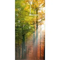 Wallario Design Wanduhr bedruckt, Größe 30 x 60 cm, Motiv: Sonnenuntergang im Herbstwald