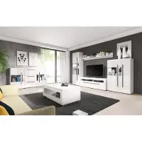 Lomadox Wohnzimmer Set inkl. Wohnwand Sideboard Couchtisch und Beleuchtung TURDA-83 in Hochglanz weiß mit Absetzungen in schwarz, B/H/T: ca. 320/204/50 cm