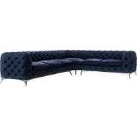 S-Style Möbel - Chesterfield Ecksofa Cleo mit Silber Metall Füßen aus Marineblau Samtstoff, Ottomane rechts, B/T/H: 323 cm/ 264 cm/ 75 cm