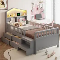 Flieks Kinderbett Hausbett 90x200cm mit 4 Schubladen, Holzbett Schlafsofa mit Ladefunktion und Led, Einzelbett mit Treppe und Rausfallschutz, Grau
