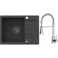 VBChome Spülbecken Granit Schwarz mit Armatur 60 x 44 cm Einzelbecken Einbauspüle Gesprenkelt Reversibel Siphon Waschbecken