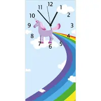 Wallario Design Wanduhr Einhorn mit Regenbogen aus dem Hintern aus Echtglas, Größe 30 x 60 cm
